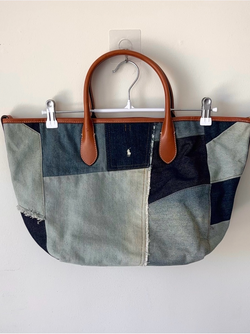 Polo Ralph Lauren Bellport Patchwork Medium Tote Bag Denim Multi Leather 2-Way